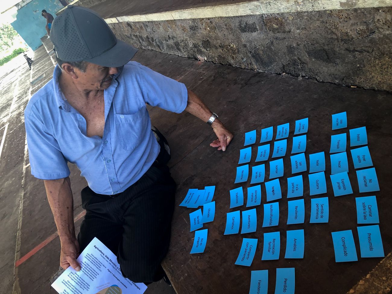 A farmer arranging blue cards during a pile-sort interview in the Galápagos