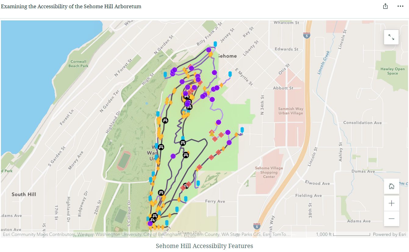 Web map of accessibility features along trails in the Sehome Hill Arboretum